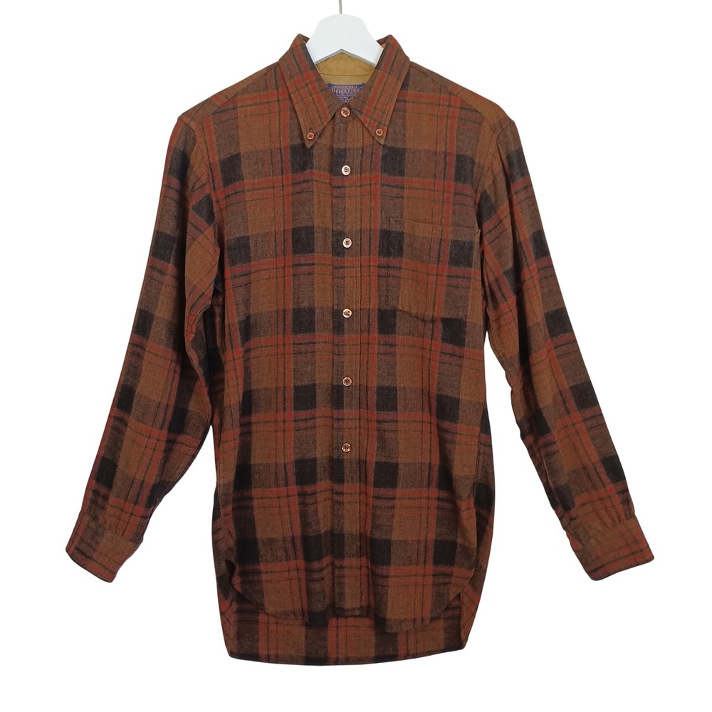 Vintage Pendleton Wool Plaid Button Down Shirt Brown Red Small USA Made Flaws